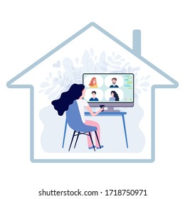 Woman having online meeting with friends or clients via group call on big screen of computeri, inside house icon. Video conference at home concept. Video call communication.