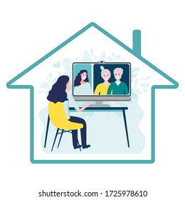 Woman having online meeting with parents or eldery family members via group call on big screen of computer inside house icon. Video conference at home concept. Video call communication.