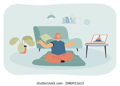 Woman having online yoga class. Female character watching live video via laptop and doing exercises at home flat vector illustration. Health, education, modern technology, leisure activity concept