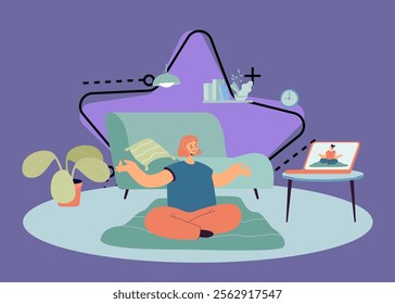 Woman having online yoga class. Female character watching live video via laptop and doing exercises at home flat vector illustration. Health, education, modern technology, leisure activity concept