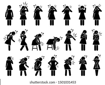 Woman having pain and aches in different parts of the body. Stick figure pictogram icons depict girl with pain, injury, sore muscles, soreness, strain, discomfort, spinal issue, and spine problem.