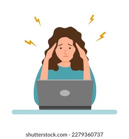 Ilustración vectorial por concepto de cefalea dolorosa para la mujer. Diseño plano de problemas de salud de la migraña. Estresante en el trabajo. Síndrome de Office.