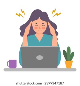 Ilustración vectorial por concepto de cefalea dolorosa para la mujer. Diseño plano de problemas de salud de la migraña. Estresante en el trabajo. Síndrome de Office.