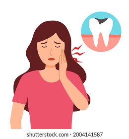 Woman having painful toothache character in flat design. Dental problem and oral treatment concept. Tooth caries.