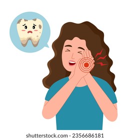 Woman having painful toothache character in flat design. Dental problem and oral treatment concept. Tooth caries.