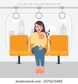 Woman Having Panic Attack in skytrain Cartoon vector illustration.