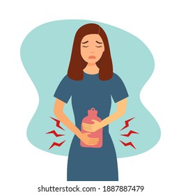 Woman having period pain concept vector illustration on white background. Menstrual cramps. Female relief pain with hot water bag.