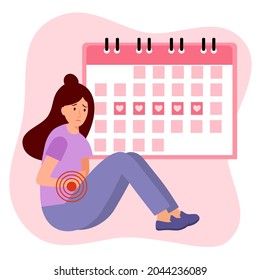 Woman Having Period Pain Concept Vector Illustration. Menstrual Cycle Calendar.