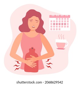 Woman Having Period Pain Concept Vector Illustration On White Background. Menstrual Cramps. Female Relief Pain With Hot Water Bag And Herbal Tea.