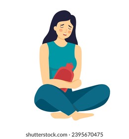 Woman having period pain concept vector illustration on white background. Menstrual cramps. Female relief pain with hot water bag.