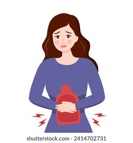 Mujer con el concepto de dolor de punto ilustración vectorial sobre fondo blanco. Calambres menstruales. Dolor de socorro femenino con bolsa de agua caliente.