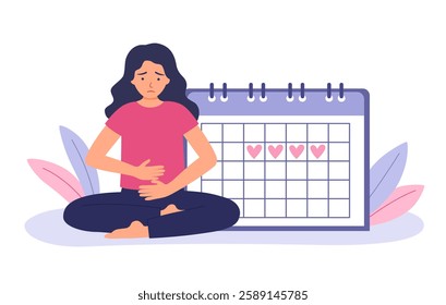 Woman having period pain concept vector illustration. Menstrual cycle calendar.