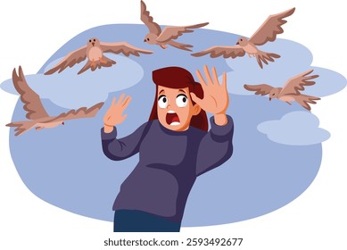 
Woman Having Phobia of Birds Vector Concept Illustration 
Lady suffering a panic attack because she suffers from  ornithophobia