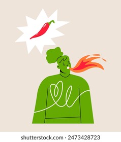 Woman having a piquant taste in their mouth from a red chili. Colorful vector illustration
