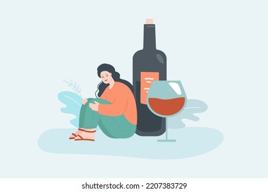 Woman Having Problems With Alcohol Flat Vector Illustration. Depressed Woman Sitting Near Bottle Of Wine And Crying. Alcoholism, Disease Concept For Banner, Website Design Or Landing Web Page