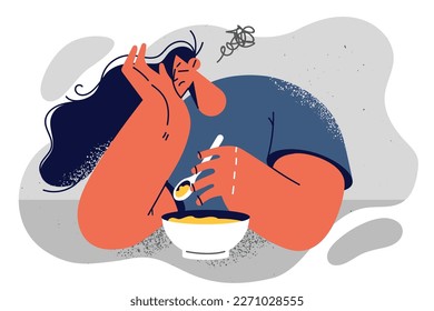 Woman having problems with toothache eating presses palm to chin suffering due to hypersensitive teeth. Girl with bad teeth needs trip to dentist or stomatologist for treatment of caries 