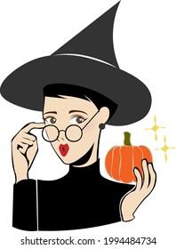 Woman having pumpkin on white background.