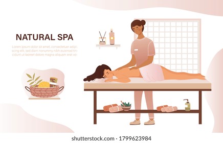 Woman having a relaxing massage at a spa or beauty salon with female masseuse and herbal remedies, colored vector illustration. Webpage template