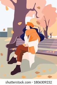 Woman having a rest in the park. Girl sits on a bench and enjoys the autumn landscape. Dress warmly. Autumn illustration for a postcard, banner, print. Solitude with nature. Outdoor recreation. 