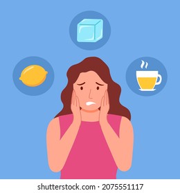 Woman having sensitive teeth with sour lemon, cold ice and hot drink in flat design. Tooth sensitivity symptom concept.