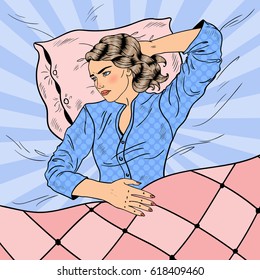 Woman Having Sleepless Night. Insomnia. Pop Art retro vector illustration