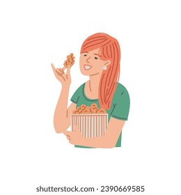 Woman is having a snack. Cartoon person eating fast food, nuggets, fried chicken, sticks. Employee having unhealthy meal. Flat vector illustration bad fat nutrition character isolated on white