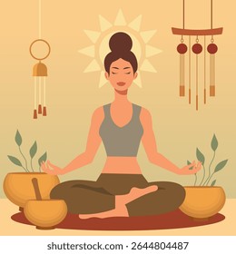 A woman having a sound bath with Tibetan singing bowls for stress management or anxiety relief. A person practicing self care with meditation for mindfulness and good mental health habits