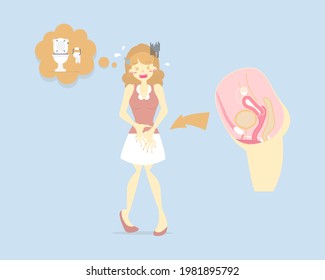 胃痛 下痢や便秘に悩む人 女性の生殖系 内臓の解剖神経系 ベクターイラストの漫画の平らなキャラクター のベクター画像素材 ロイヤリティフリー