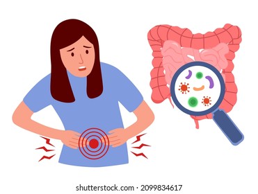 Woman Having Stomachache Campylobacter Infection. Bacteria In Intestine In Flat Design. Food Poisoning. Diarrhea Or Digestive System Problem.