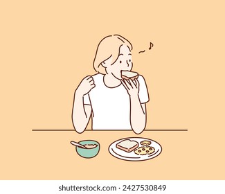 woman having tasty breakfast. Hand drawn style vector design illustrations.