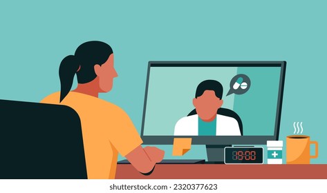 Woman having video call conference with doctor on desktop computer screen, telemedicine, online healthcare and medical consultation and support services concept, flat vector illustration