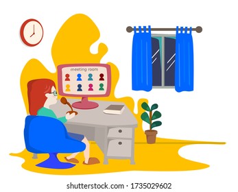 Woman having video conference call via computer.Home office. Flat style vector illustration of cartoon character working from home.