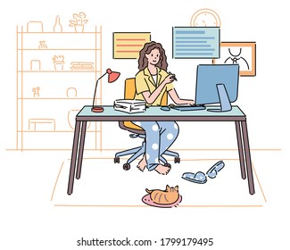 A woman is having a video conference at home, wearing a suit on the top and pajamas on the bottom. hand drawn style vector design illustrations. 