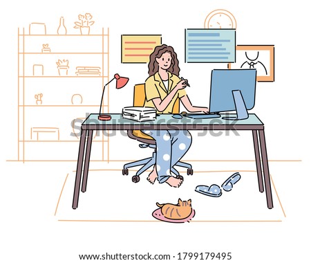 A woman is having a video conference at home, wearing a suit on the top and pajamas on the bottom. hand drawn style vector design illustrations. 