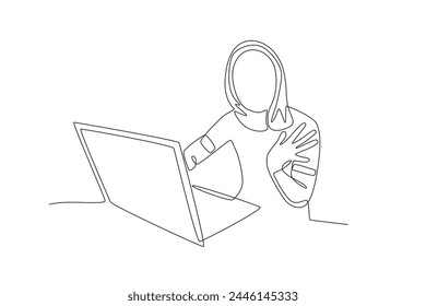 Woman having a virtual meeting.Working from home one-line drawing