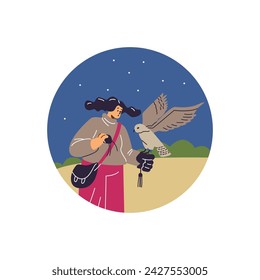 Woman with hawking glove and bag holding falcon on nature landscape. Falcon training with professional equipment, bird hunting, Falconry. Cartoon vector illustration in round frame