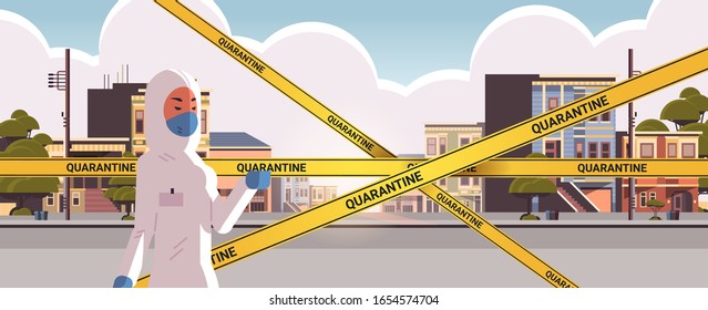 woman in hazmat suit epidemic MERS-CoV quarantine caution on yellow warning tape over empty city street coronavirus infection wuhan 2019-nCoV pandemic health risk concept portrait horizontal vector