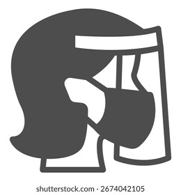 Cabeza de mujer con icono sólido de máscara antibacteriana, concepto de ropa de trabajo de seguridad. Gráficos de Vector. Cara de la muchacha con la muestra plástica de la máscara en el fondo blanco, icono del estilo del glifo para el móvil o el Diseño web