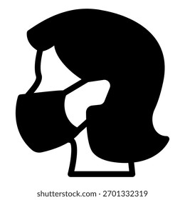 Cabeza de mujer con icono sólido de máscara antibacteriana, concepto de ropa de trabajo de seguridad. Gráficos de Vector. Cara de la muchacha con la muestra disponible de la máscara en el fondo blanco, icono del estilo del glifo para el móvil o el Diseño web
