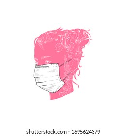 Woman head in antivirus mask. Hand drawn vector illustration.