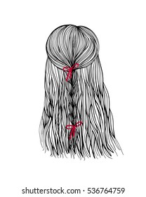 Woman head back view with bride hair and red bow. Hand-drawn cartoon hairdressing sketch. Doodle drawing. Vector illustration.