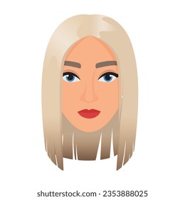 Woman head with blonde straight hair. Female face with modern hairdress cartoon vector illustration