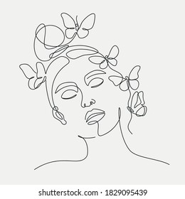 Woman head with butterfly composition. Hand-drawn vector line-art illustration. One Line style drawing.