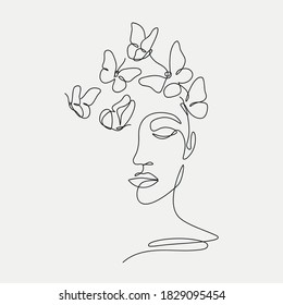Woman head with butterfly composition. Hand-drawn vector line-art illustration. One Line style drawing.
