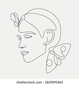 Woman head with butterfly composition. Hand-drawn vector line-art illustration. One Line style drawing.