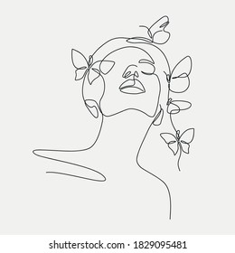 Woman head with butterfly composition. Hand-drawn vector line-art illustration. One Line style drawing.