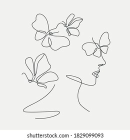 Woman head with butterfly composition. Hand-drawn vector line-art illustration. One Line style drawing.