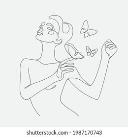 Woman head with butterfly composition. Hand-drawn vector line-art illustration. One Line style drawing.