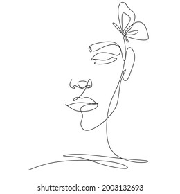 Woman head with butterfly composition. Hand-drawn vector line-art illustration. One Line style drawing.