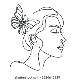 Woman head with butterfly composition. vector line-art illustration. One Line style drawing.